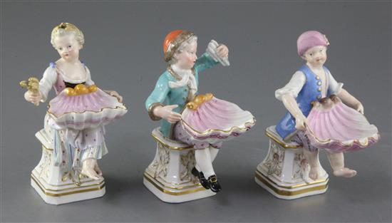 Three Meissen figural salts emblematic of the seasons, 19th century, after the models by F.E. Meyer, height 13cm